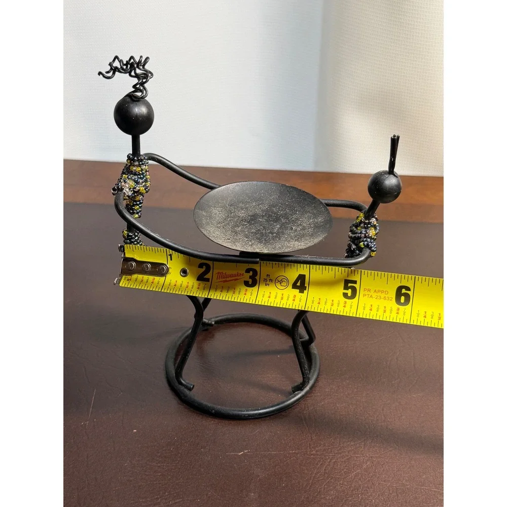 Vintage Wrought Iron Beaded Tribal Figure Candle Holder Black Metal Folk Art